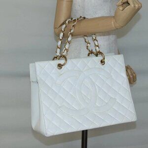 CHANEL COCO Mark Chain Hand Bag Grained Calf Skin White Gold CC Auth gh687